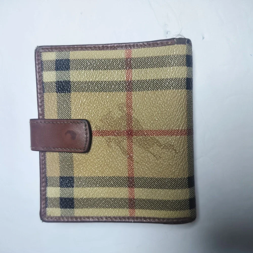 Burberry Haymarket‎ Check Bifold Wallet Brown Leather Trim Made in Italy